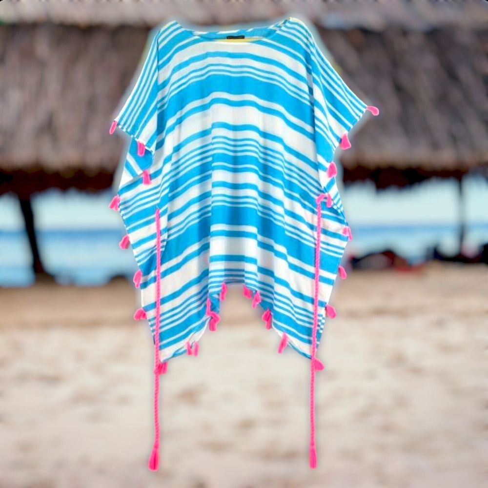 New Plus Size 26 Caftan Swim Beach Cover-Up Striped Poncho Pink Blue Tassel Belt